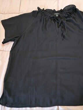 Ann Taylor Factory Black Blouse Ruffled Neckline and Tie Detail